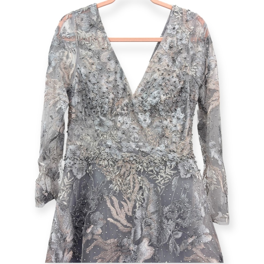 Mac Duggal NEW Gray Long Sleeve Beaded Applique Embroidered Gown $798 - Size 10‎ - Picture 5 of 14
